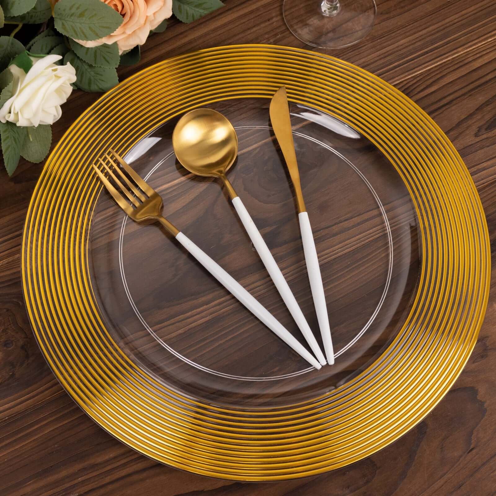 6-Pack Plastic Charger Plates 13" Round Clear with Gold Lined Ring Rim - Classy Dinner Serving Plates - Image 5