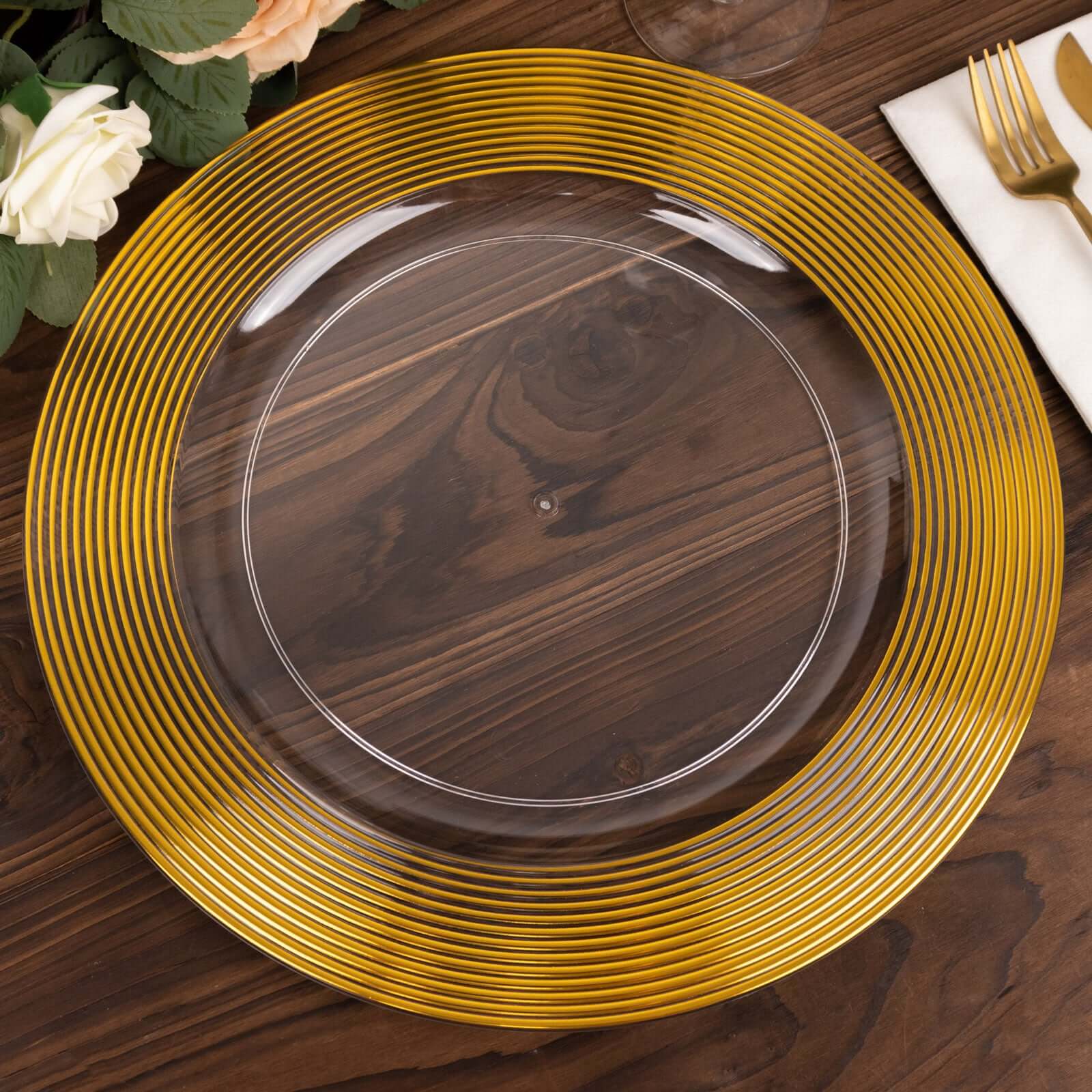 6-Pack Plastic Charger Plates 13" Round Clear with Gold Lined Ring Rim - Classy Dinner Serving Plates - Image 4